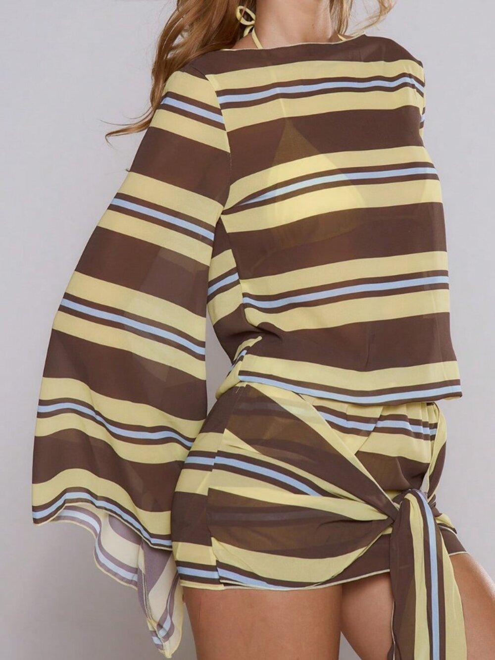 Multicolor Casual Women's Stripe Sheer Long Sleeve Mini Beach Cover Up Dress